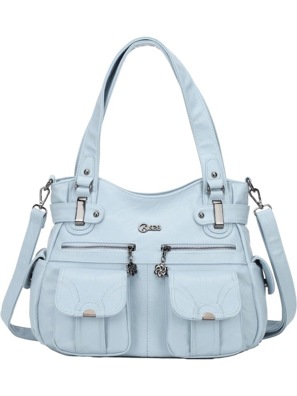 Women's Baby  blue PU Leather Multi-Pocket Hobo Tote Handbag Shoulder Bag